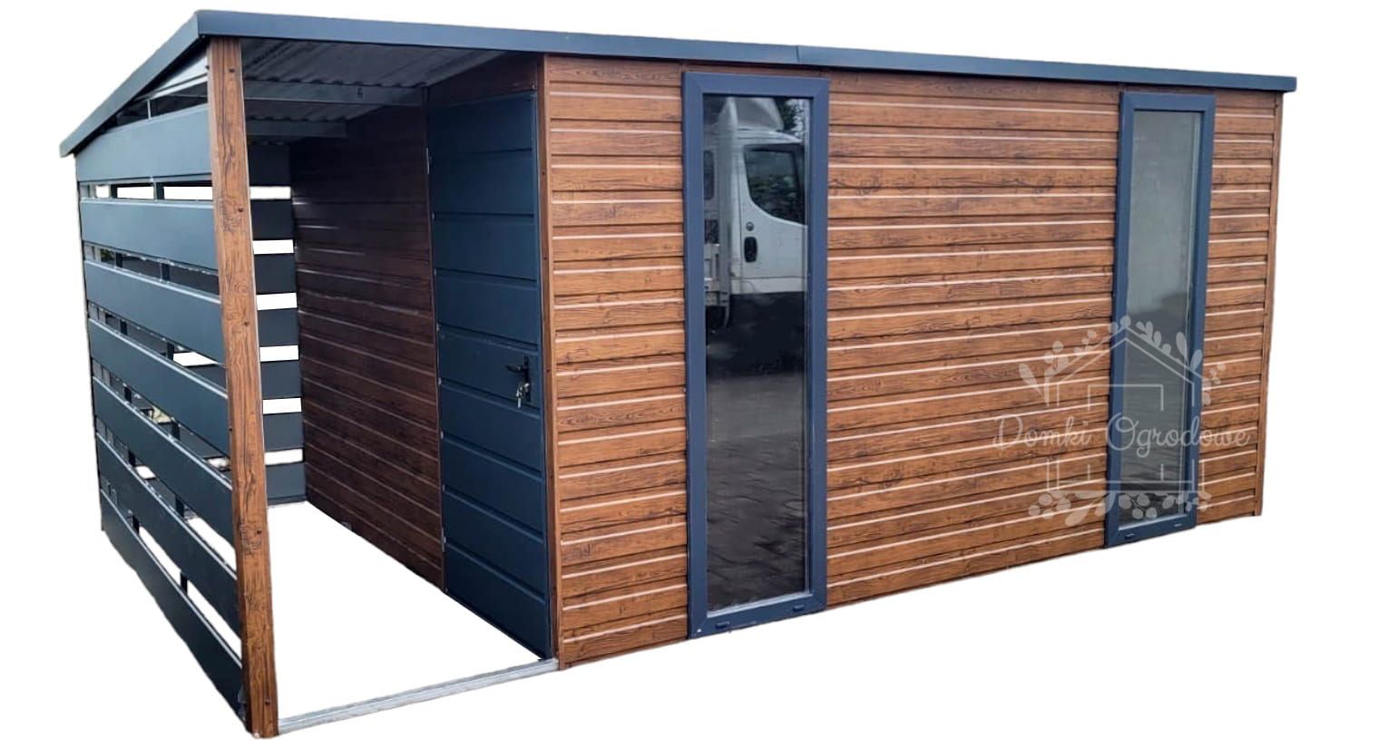 SCHOWEK DOMEK OGRODOWY 4,5x2,5 m wiata 1,5x2,5 spad tył  antracytID535