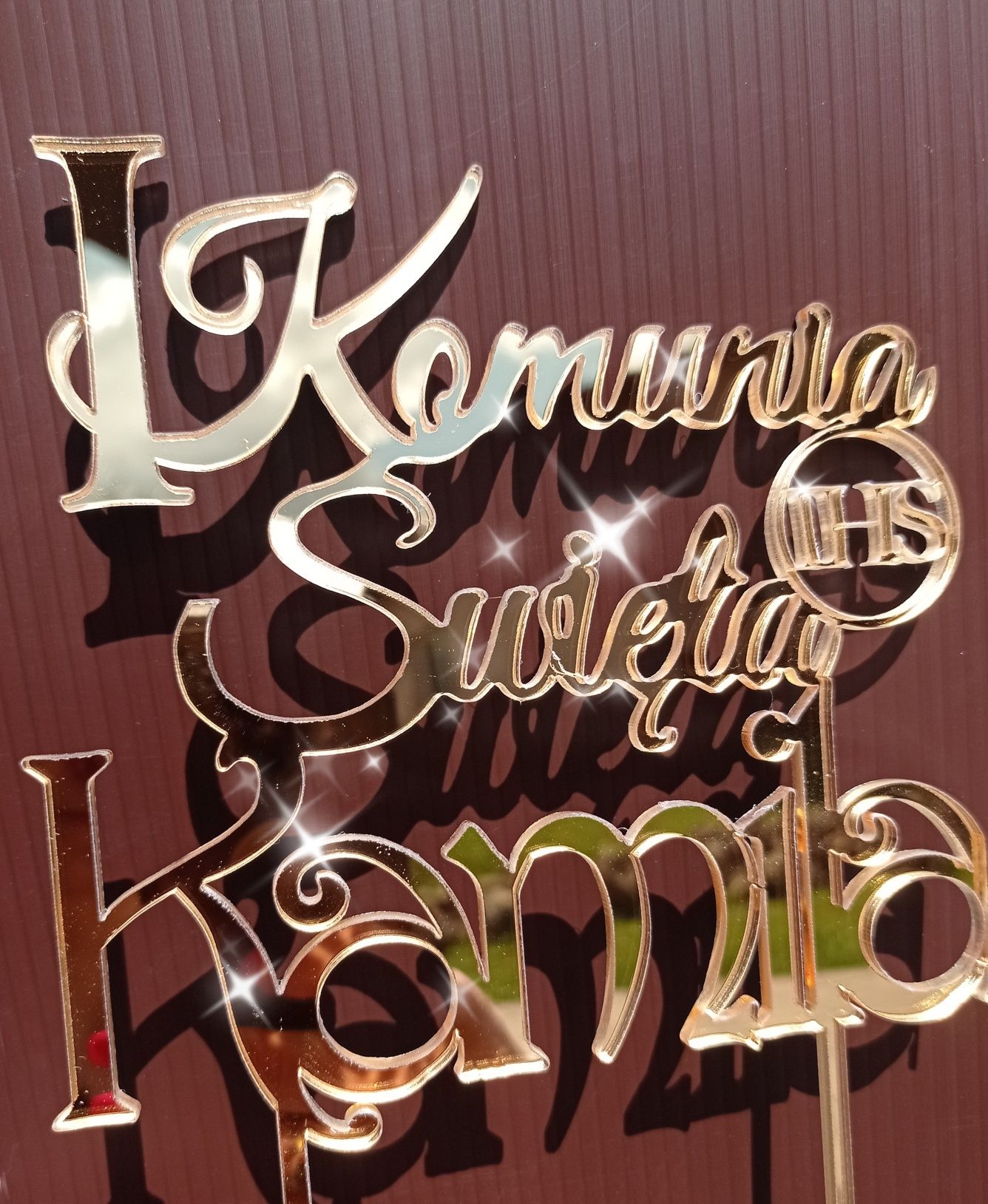 Komunia Święta, dekoracja, tort, topper, napis plexi lustro