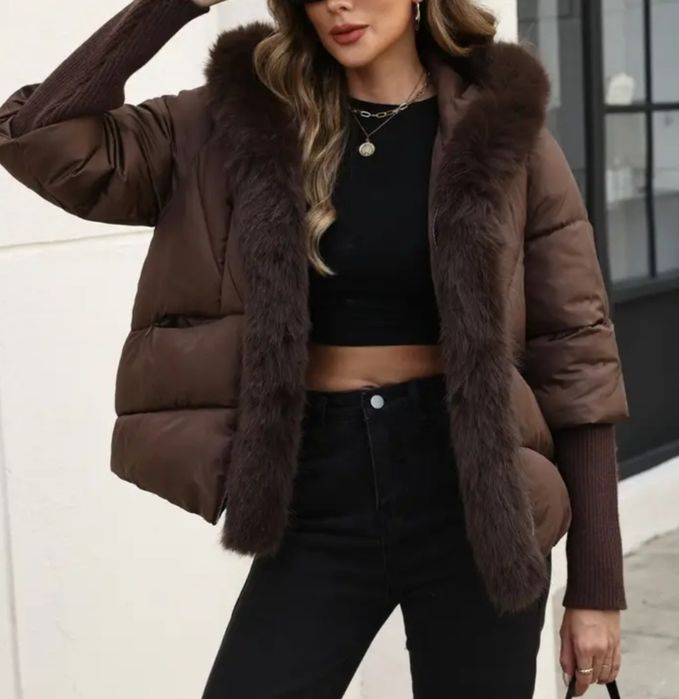 Czekoladowa kurtka zimowa futerko ściągacze 36 s hit Brązowa Ostatnia!