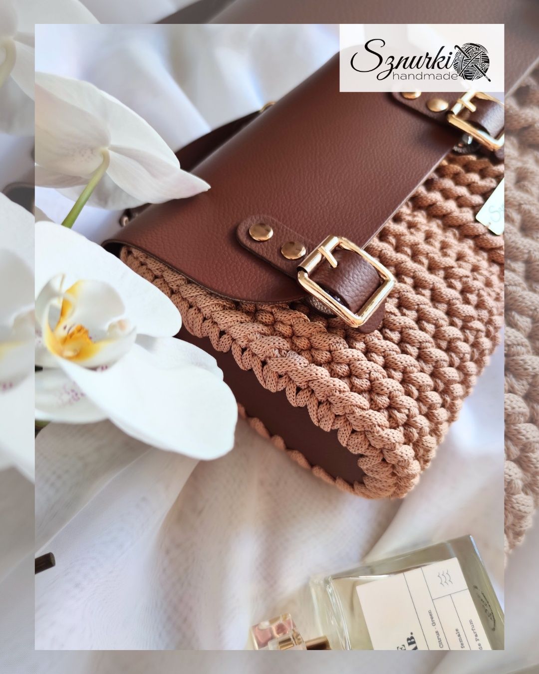 Torebka listonoszka skóra naturalna ręcznie szydełkowana handmade
