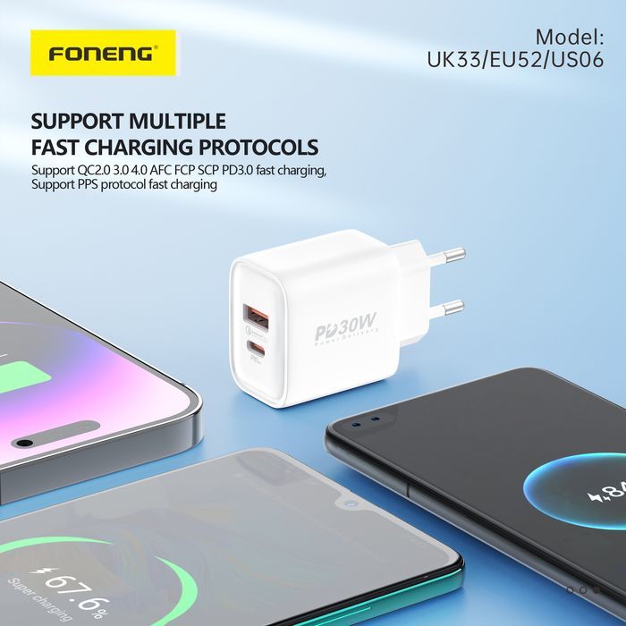 Foneng Ładowarka Sieciowa Eu52 - Usb + Typ C - Qc 3.0 Pd 30W Biała