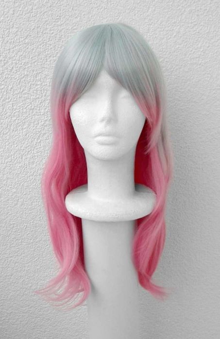 Ombre różowa zielona dwukolorowa peruka wig cosplay długa prosta