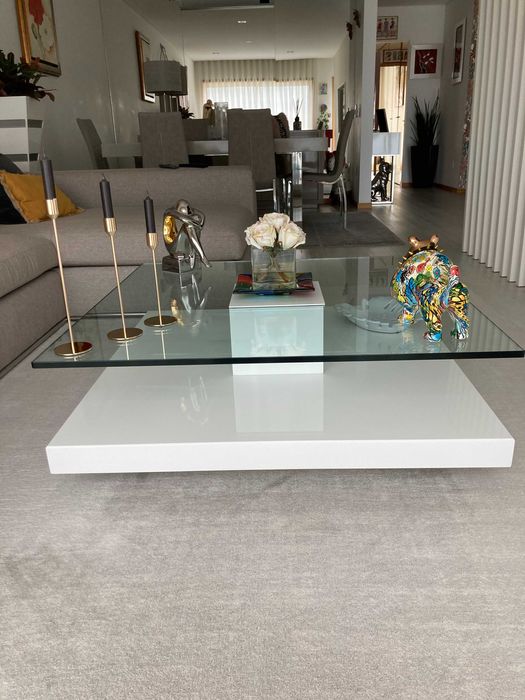 Mesa branca lacada c/vidro sala estar
