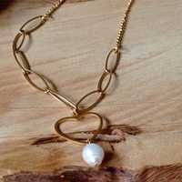 Naszyjnik damski łańcuch z sercem i perłą naturalną
