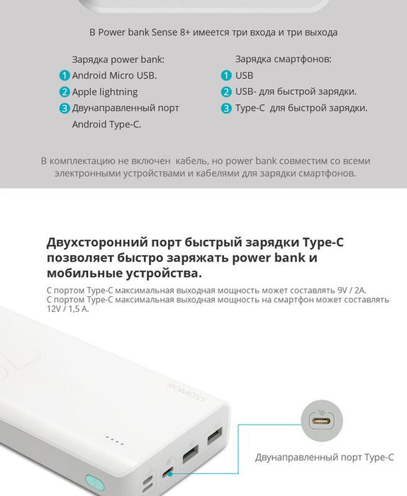 PowerBank Romoss Sense 8+ 30000 mAh Швидка зарядка 18W