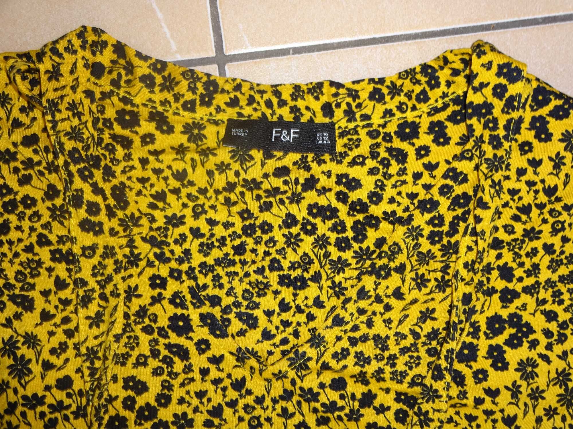 F&F sukienka WISKOZA żółta w czarne kwiaty rękaw 3/4 okazja EUR 44