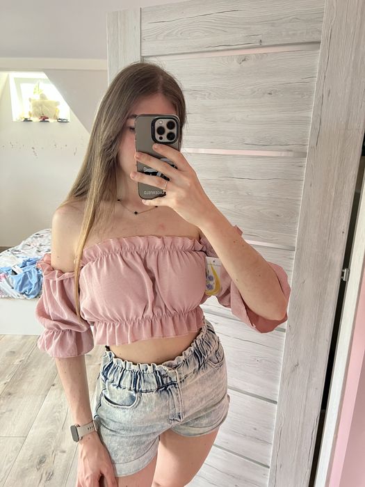 Hiszpanka bluzka odkryte ramiona uniwersalna pudrowy roz nowa