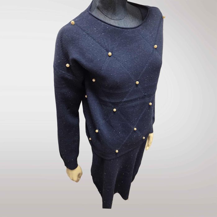 Damski Komplet Swetrowy Sukienka + Sweter Granatowy   S M