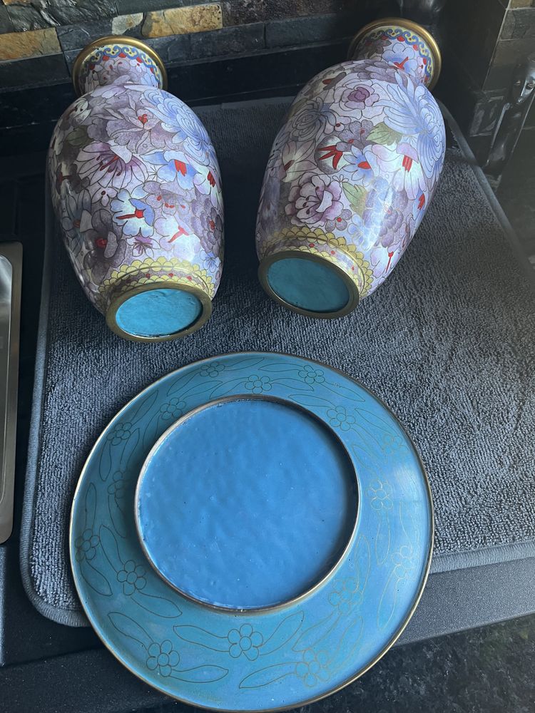 Conjunto 2 Jarrões com base mad+ Prato em Cloisonne, Oriental, Chinesa