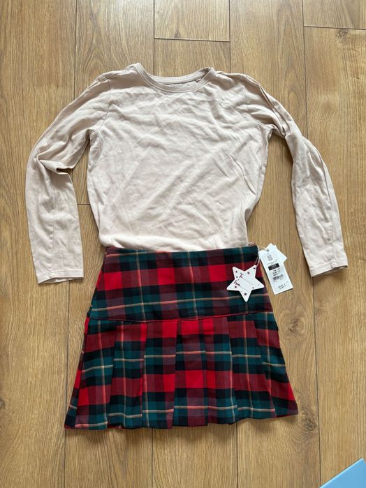 Czerwona spódnica w kratkę kratę krata świąteczna Cool Club bluzka beż