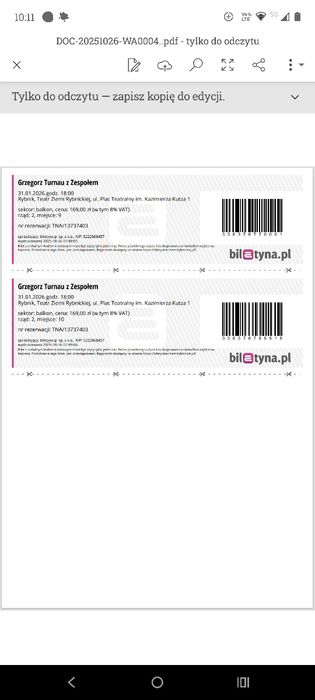 2 bilety na koncert w Teatrze Ziemi Rybnickiej. Grzegorz Turnau z zesp