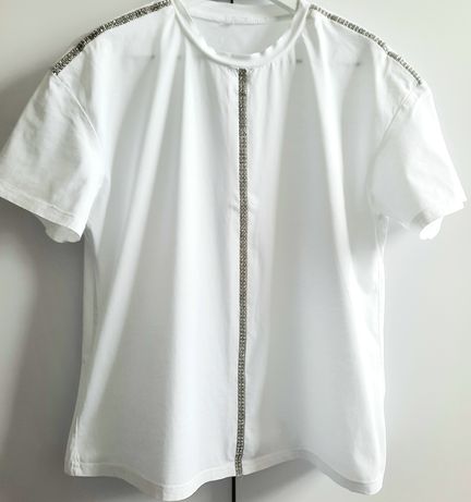 Bluzka bluzeczka biała cyrkonie błyszczącą luźny krój Jak Nowa L-XL