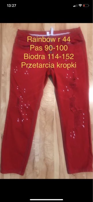 Rainbow 44 damskie jeansy dżinsy czerwone przetarcia kropki Unikat