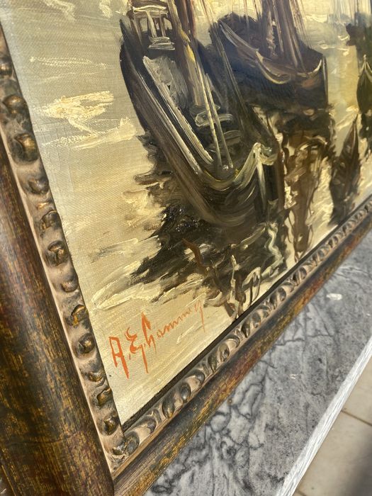 Óleo sobre tela “Barques de pêche au port” Pintor belga Lemmers séc 19