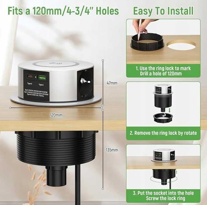 Wysuwane Gniazdko USB C PD20W 3x z Ładowarką Bezprzewod 10W do Biurka
