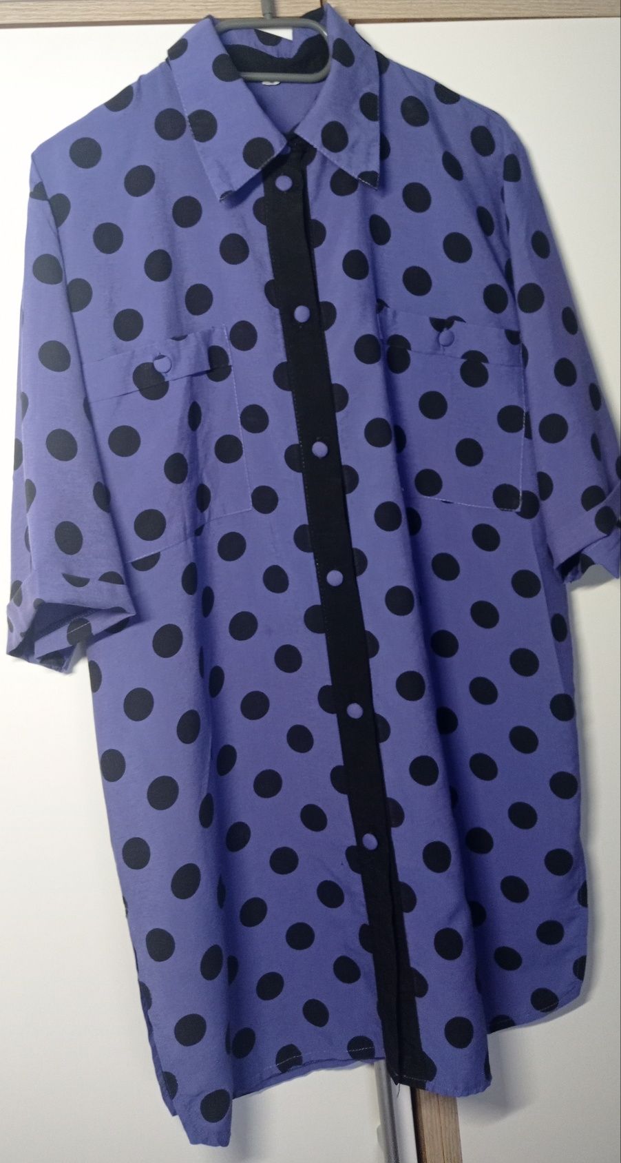 Wyjątkowa koszula bluzka damska vintage oversize 42 fioletowa w grochy
