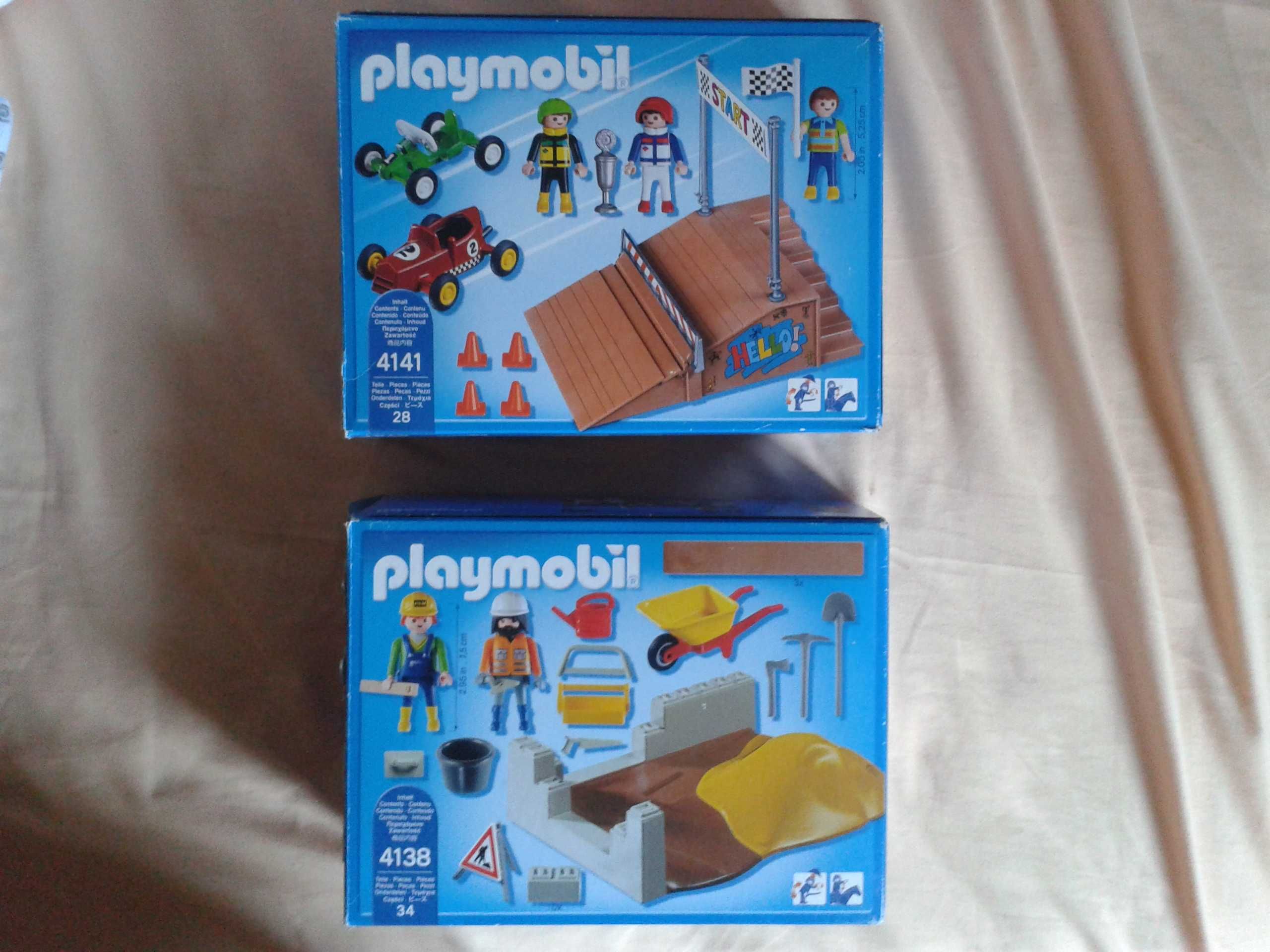 Dwa zestawy Playmobil tor wyścigowy i auta oraz plac budowy narzędzia