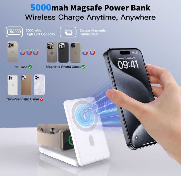 Magsafe Charger 5000mAh Power Bank, 3 w 1 ładowanie magnetyczne biała