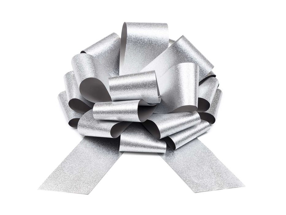 "Kokarda ściągana" - wstążka pp metaliczna brokatowa 30cm/8cm SREBRNA