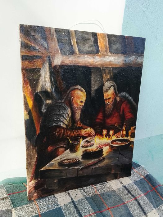 Авторская картина "Викинги у огня". Доска 30х38,5. Акрил.