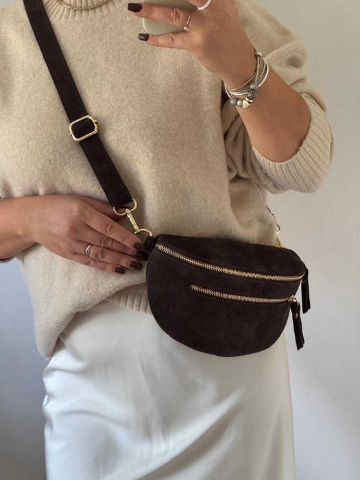 Torebka nerka skóra skórzana brązowa czekoladowa zamszowa viral zamsz