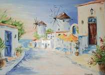 Obraz olejny "Santorini" 50x70 pejzaż, Grecja, wiatraki.
Cena 300