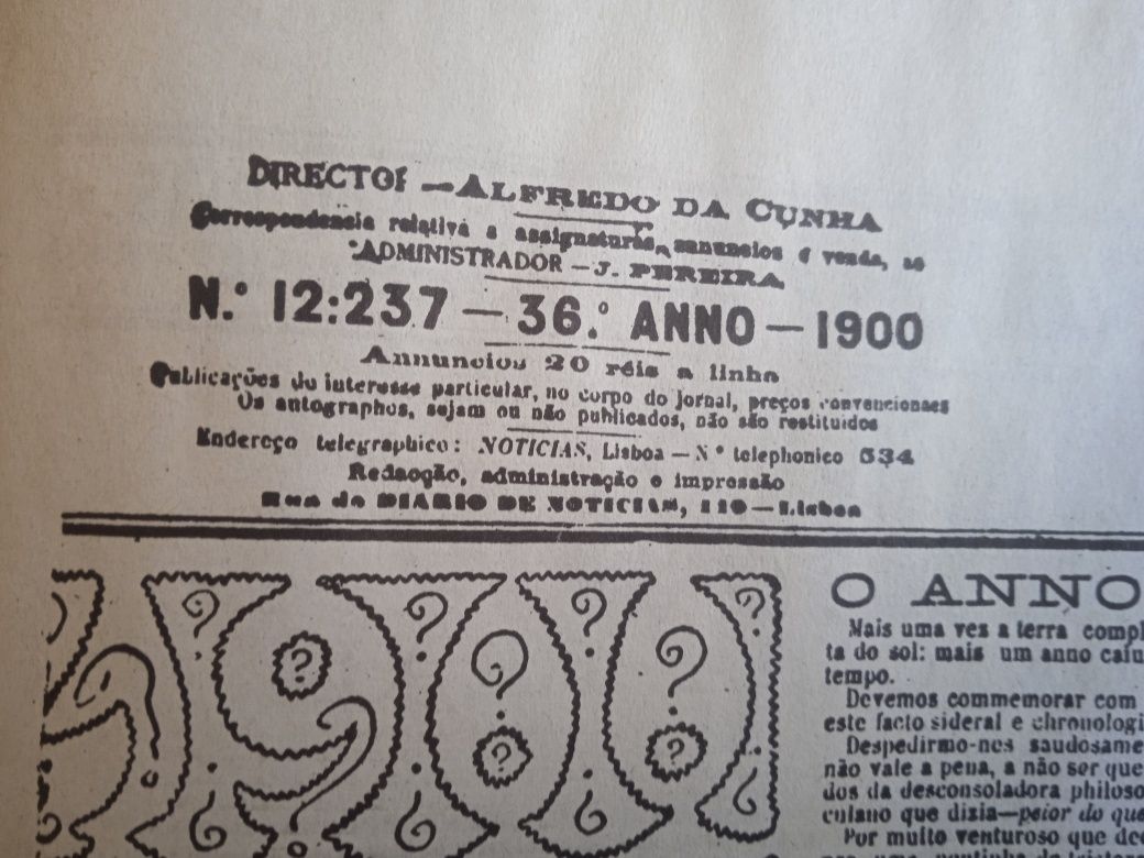 Antigo jornal de notícias 1 de janeiro de 1900