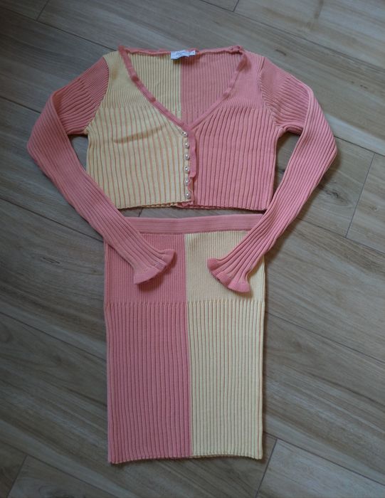 Komplet spódnica dzianiny kardigan sweter rozpinany NA-KD żółto różowy