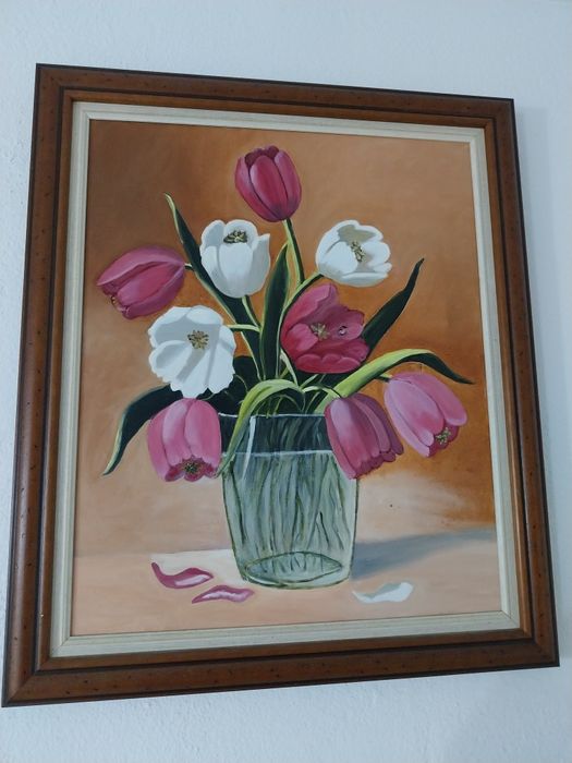 Quadro pintado à mão. Tema : túlipas em vaso