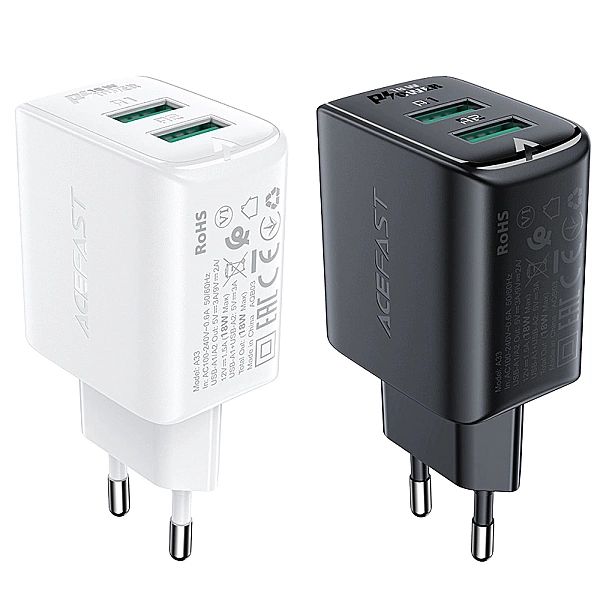 Acefast ładowarka sieciowa 2x USB 18W QC 3.0, AFC, FCP czarny (A33 bla