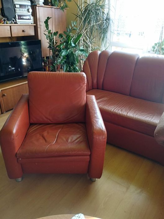 Narożnik rozkładany skórzany + fotel