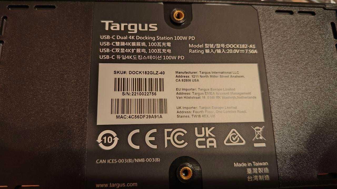 Док станція Targus USB-C 2*4K Docking Station (DOCK182) 100W PD