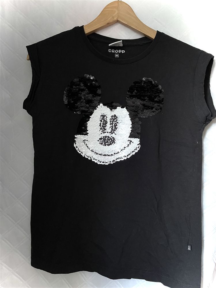 Disney cropp czarna t-shirt bluzka xs 34 bawelna mickey mouse cekiny