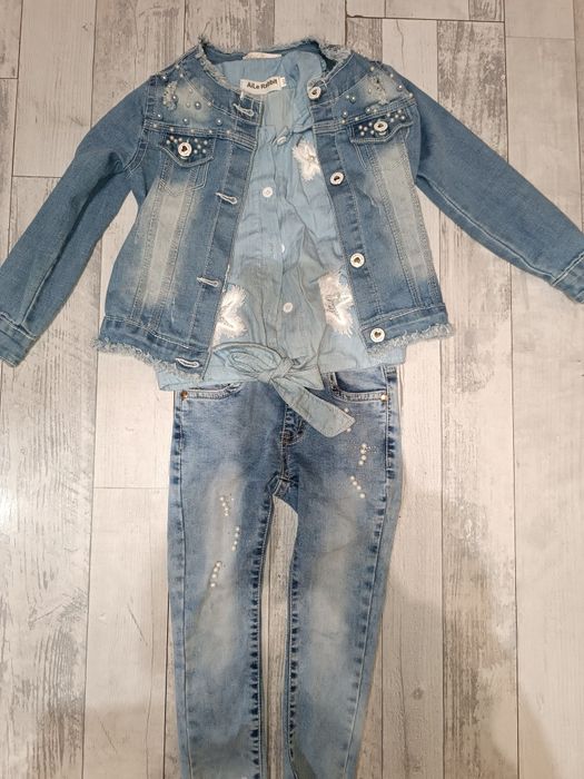 Komplet jeans katana spodnie bluzka perełki 98