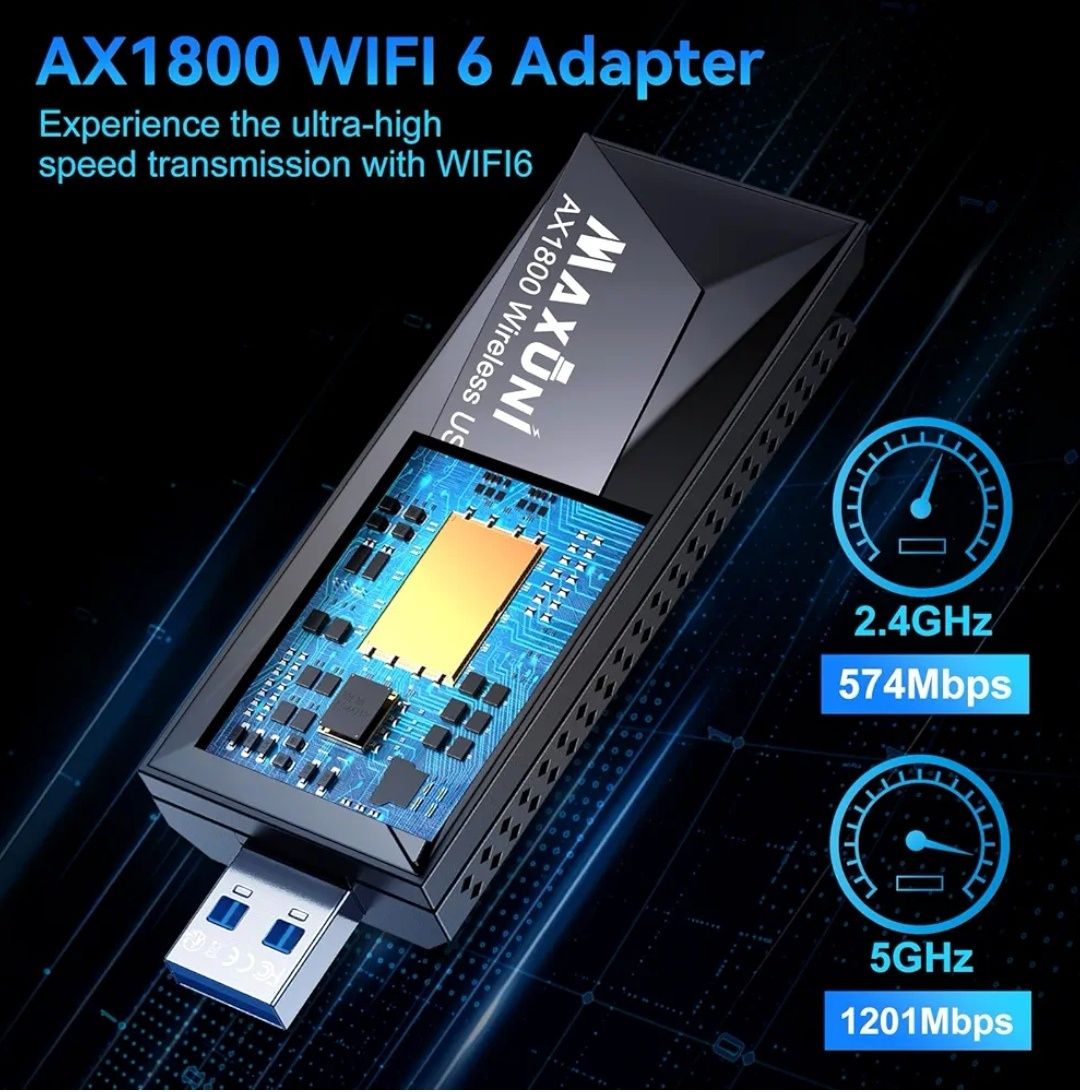 Maxuni AX1800 USB WiFi Adapter do PC, Bezprzewodowy Adapter Sieciowy