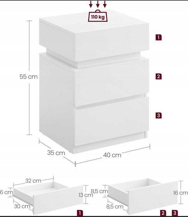 Szafka nocna stolik boczny nocny z szufladami z kolorowymi LED ZŁOŻONA