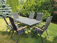 Zestaw używanych mebli ogrodowych stół 150×90 + 6 aluminiowych krzeseł
