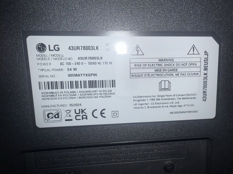 Uszkodzony telewizor LG na części 43cale