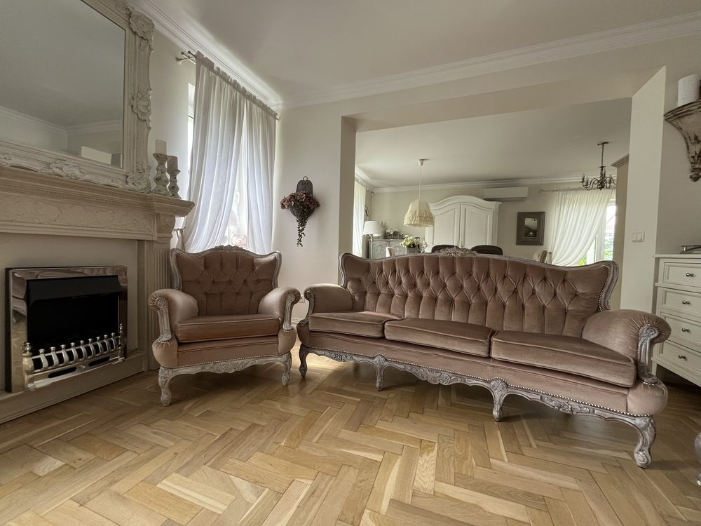 Sofa+fotele w stylu ludwikowskim kolor Beż,beżowy stan BDB