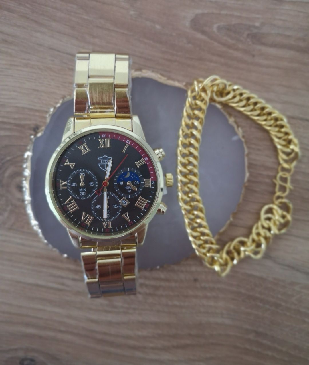 Zestaw na prezent zegarek męski złoty i gruba bransoleta