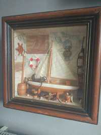 Vintage diorama żaglówka obraz przestrzenny gablota statek rama antyk