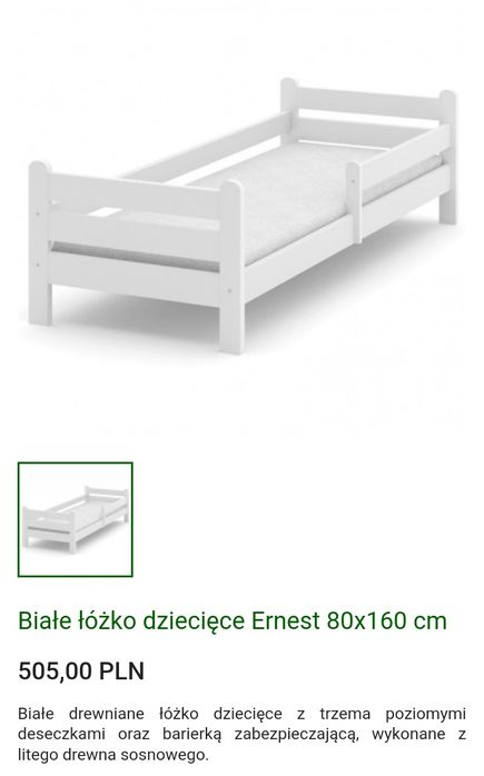 Białe nowe łóżko Ernest 160x80 drewno naturalne barierka materac