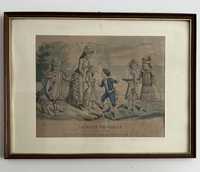 Stara Piękna Litografia Francja XIX Moda suknie dzieci Obraz grafika
