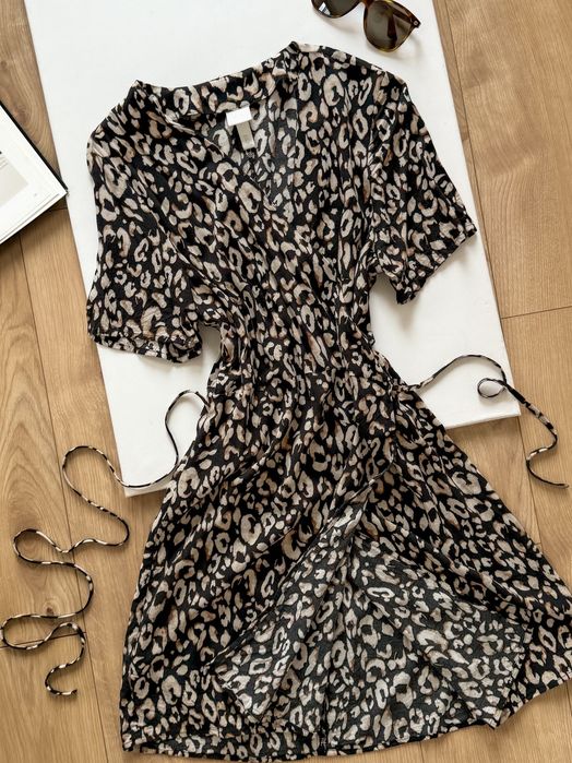 Sukienka kopertowa 100% wiskoza H&M panterka czarna beżowa wiązana 40