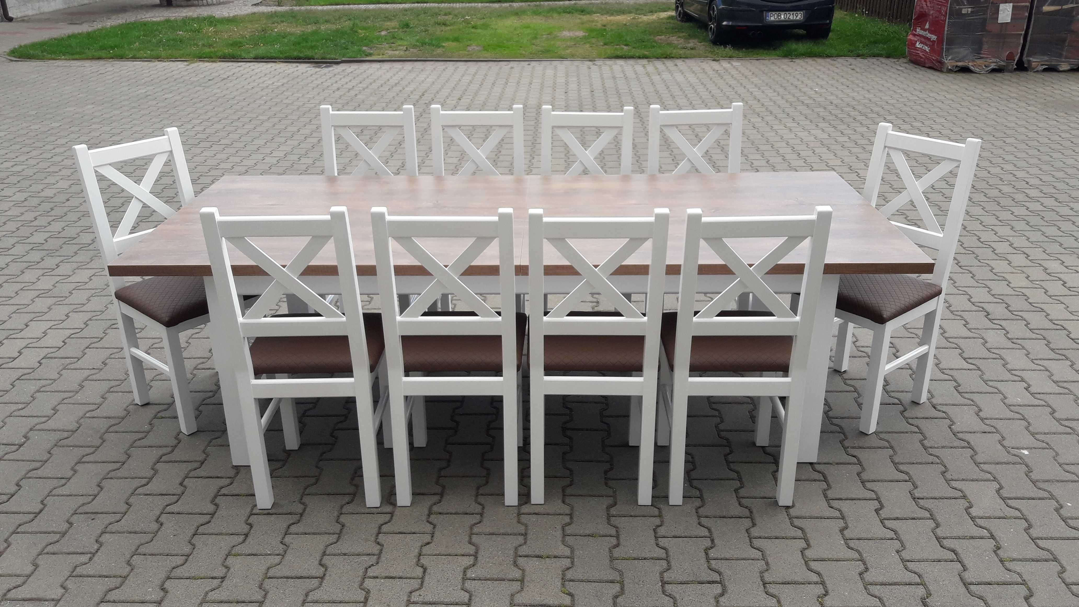 Nowosc Stol 244/314x105 +14 krzesel krzyzowe bialy polysk + dab lefkas