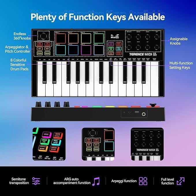 TERENCE Klawiatura MIDI 25 Klawiszy Kontroler MIDI  Profesjonalna LED