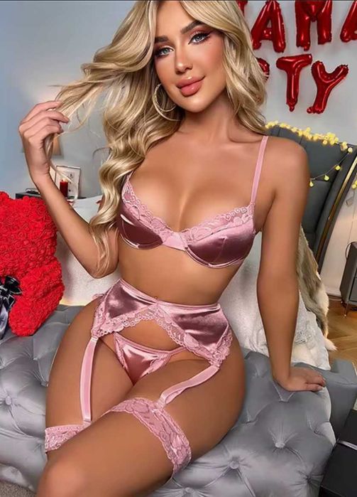 Bielizna erotyczna damska, komplet bielizny, satyna, pudrowy róż  S