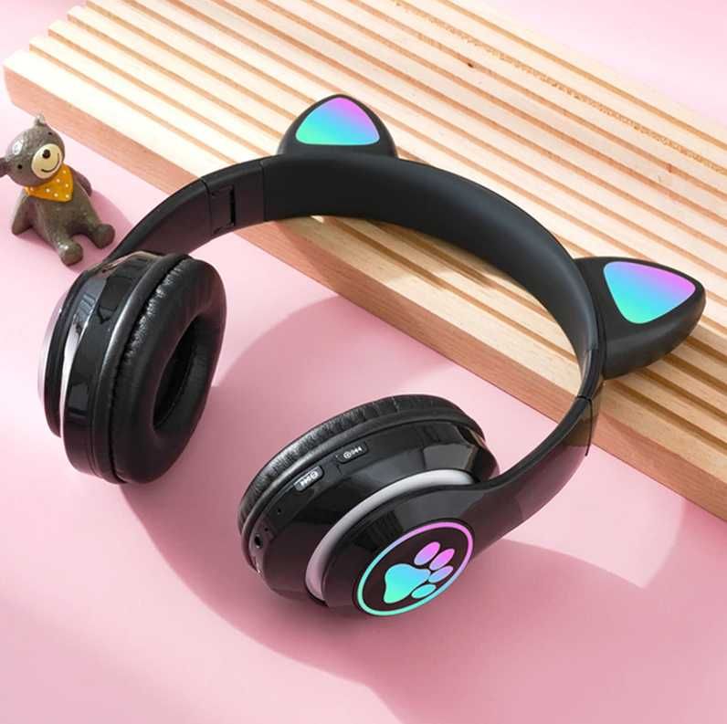 SŁUCHAWKI Dla Dzieci Bezprzewodowe Z Uszami BLUETOOTH RGB Kocie Uszy