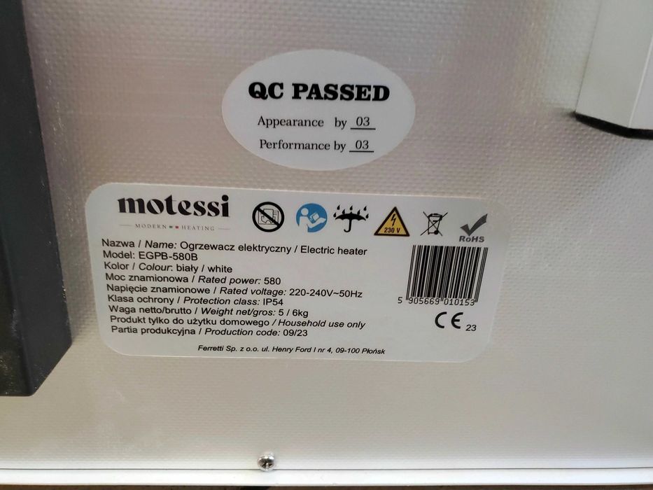 Grzejnik na podczerwień 580w egpb-580b stal motessi