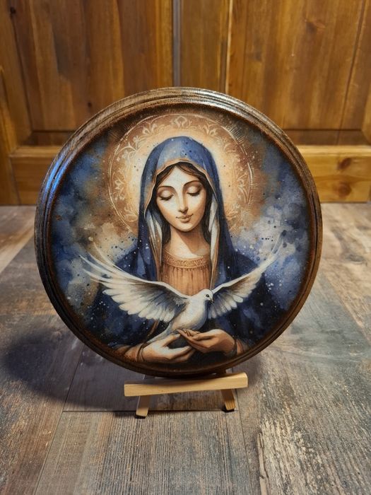 Obrazek na ścianę ręcznie zdobiony na prezent Bierzmowanie MB z gołębi